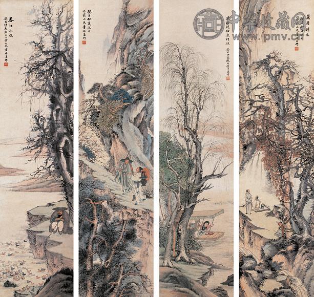 童师孟 山水 四屏 设色纸本