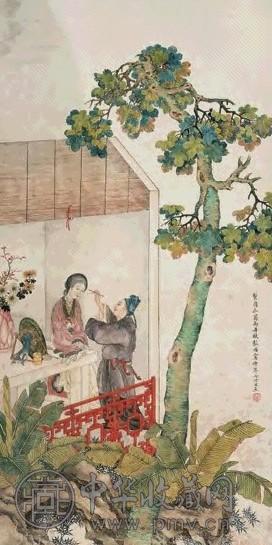 彭旸 癸酉(1933年)作 张敞画眉 镜心 设色绢本