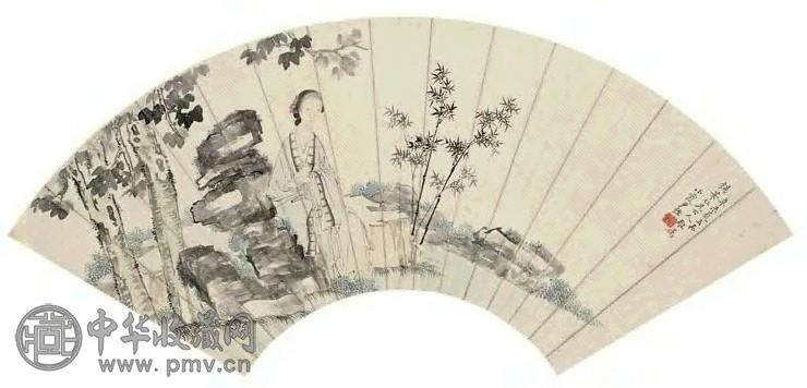 尹锡 1931年作 桐荫读书 扇面 设色纸本