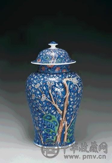 清 青花五彩梅石纹罐