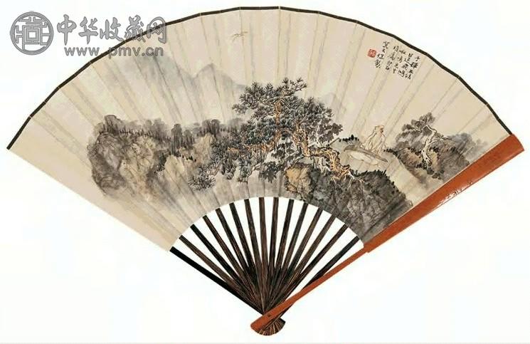 近现代 贺天健 高士挥弦、行书 成扇