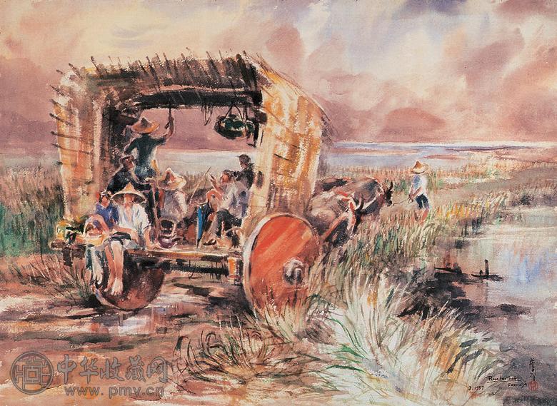 蓝荫鼎 1957年2月作 晚归 水彩纸本