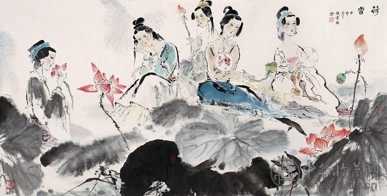 钱贵荪 2004年作 人物花卉 镜心 设色纸本