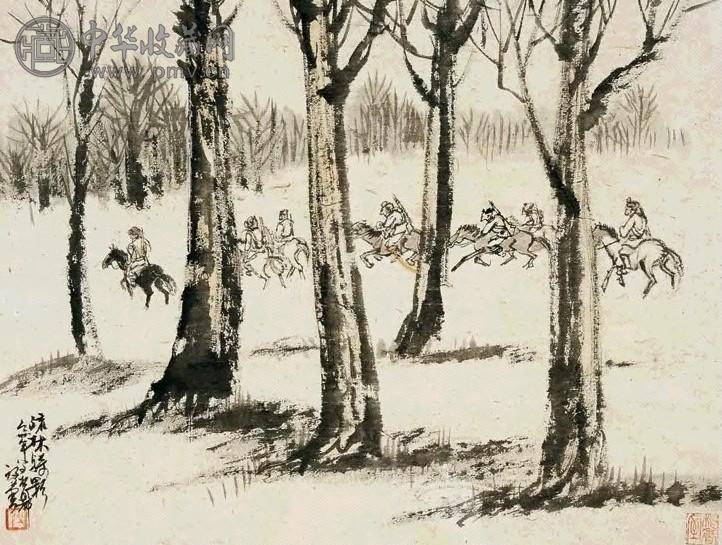 赵望云 疏林骑影 镜心 水墨纸本
