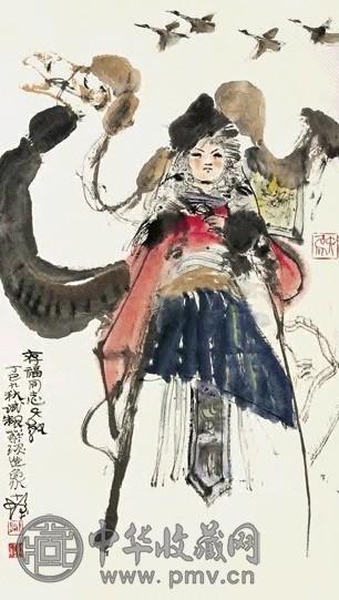 程十发 文姬思汉图 立轴 设色纸本