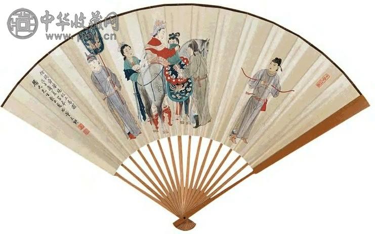 1948年 董天野 杨妃上马图 成扇 设色纸本