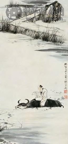 张大千 1933年作 牧童读书图 立轴 水墨纸本