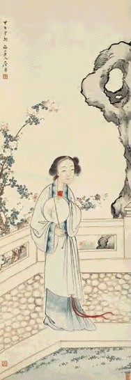 居廉 甲午(1894年)作 纨扇美人图 立轴 设色纸本