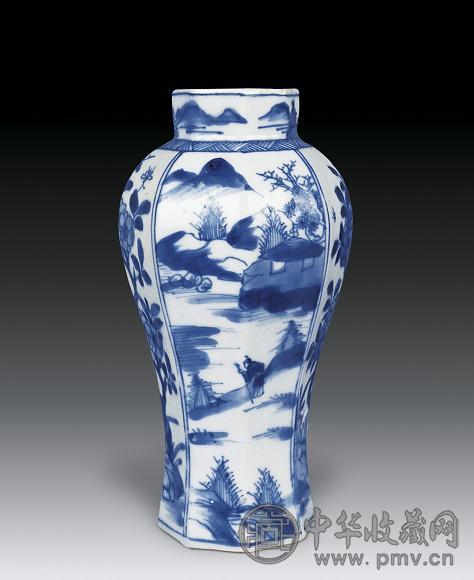 清康熙青花山水人物八方小瓶收藏资讯|艺术家|书画家|书画名人|书法家