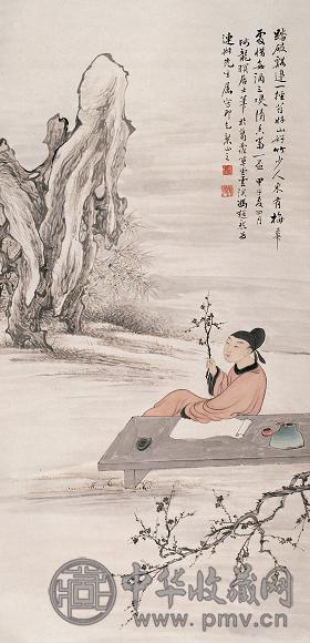 冯超然 1924年作 赏梅图 立轴 设色纸本