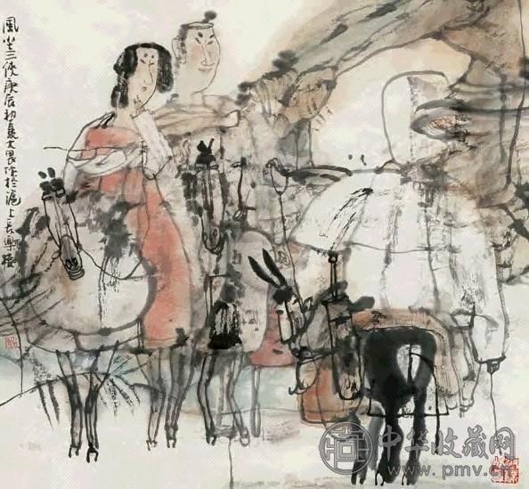 施大畏 2000年作 风尘三侠 镜心 设色纸本