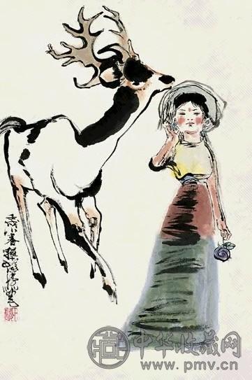 程十发 戏鹿图 轴