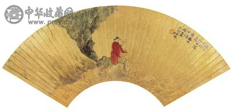 任预 1891年作 骑龙兴澜 扇面 设色泥金笺本