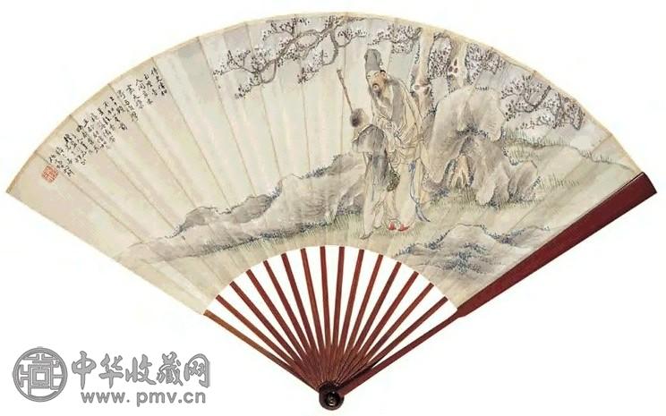 钱慧安 探梅图并草书 成扇