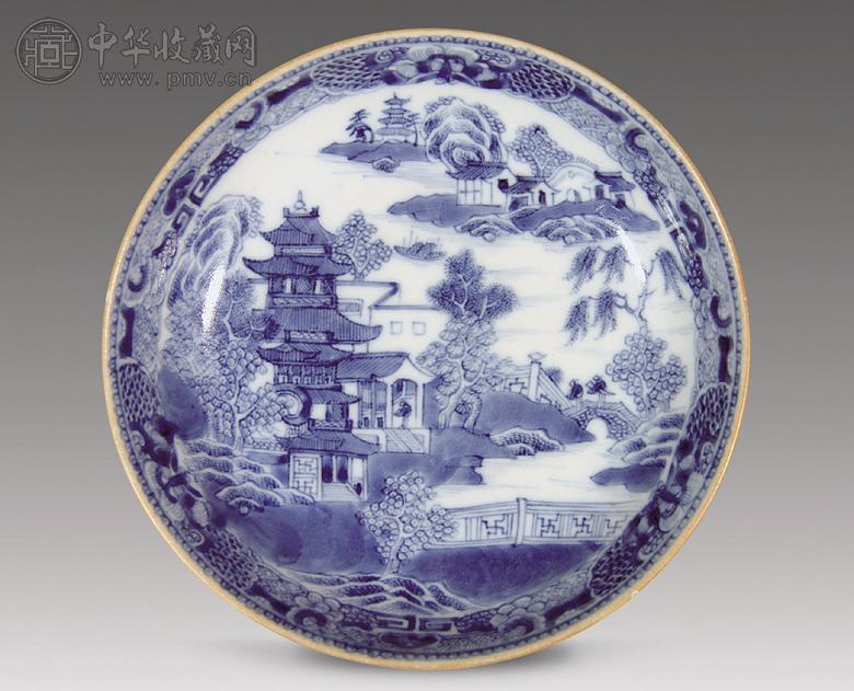 清乾隆青花山水楼阁纹盘收藏资讯|艺术家|书画家|书画名人|书法家-中华