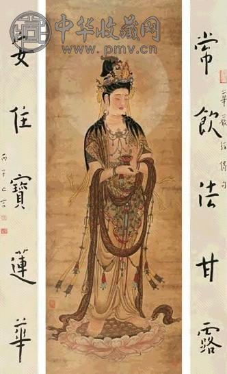 弘一 佛像并对联 立轴 设色纸本