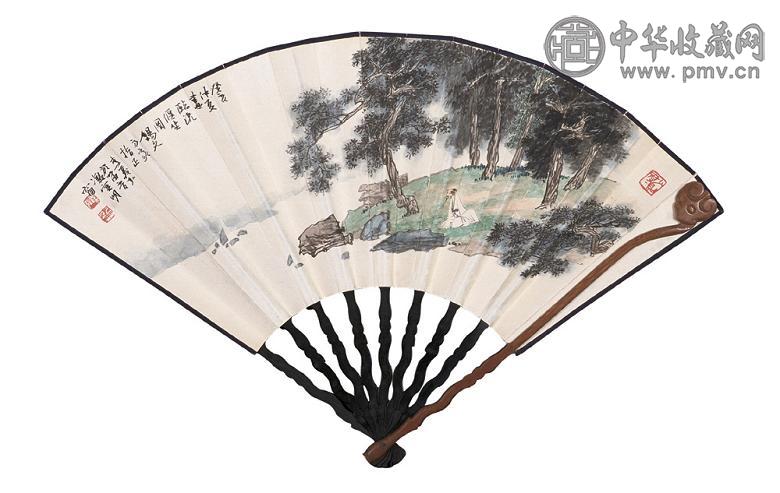 李义弘 癸亥(1983年)作 临流偃坐图 成扇 设色纸本