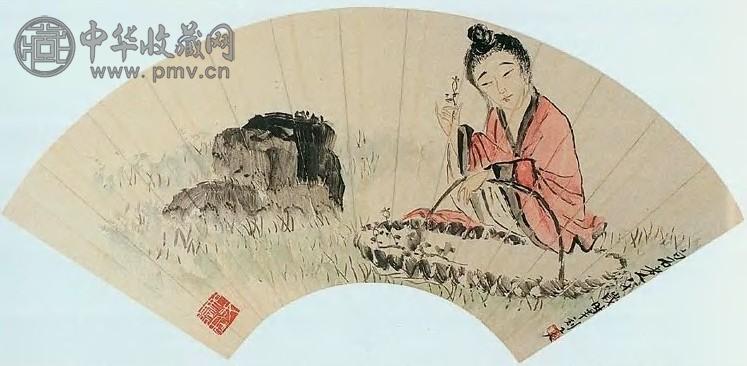 齐白石 八十岁作 仕女、隶书 扇面 设色水墨纸本