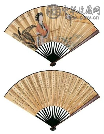 周炼霞 1945年作 倚栏问鹦图并行书 扇面 设色泥金笺本