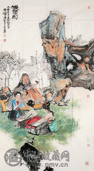 程十发 授乐图 镜心 设色纸本