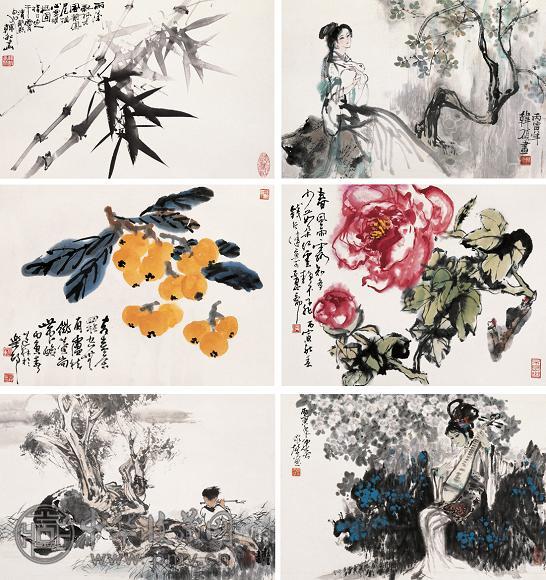 韩硕 韩敏 汪观清 等 风竹图等 册页(10开选6) 设色纸本