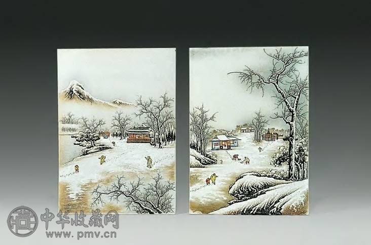 1950年代 粉彩瑞雪人物瓷板(2块)