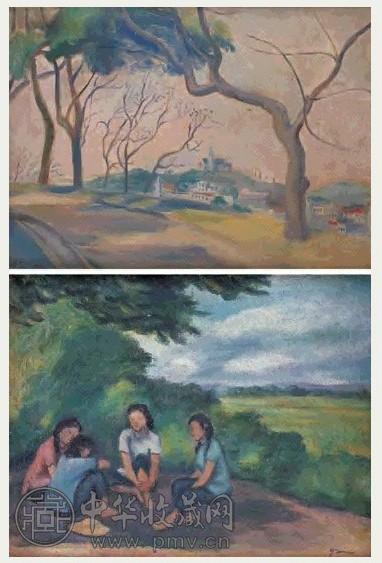 谭华牧 民国时期 风景 田间小憩 纤维板