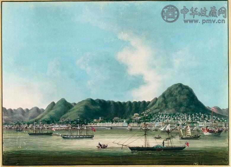 清 约1850年作 香港港口图 框镜 设色 纸本