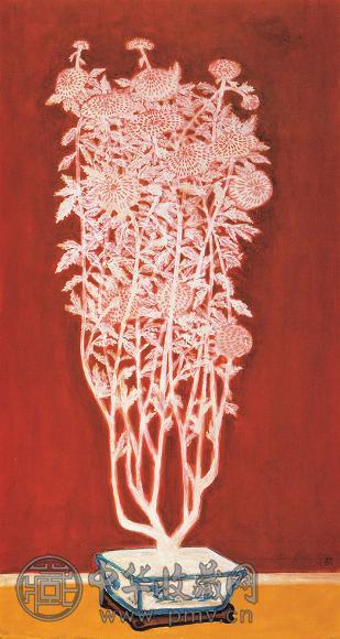 常玉 约于1940-50年代作 青花盆中盛开的菊花 油彩纤维板