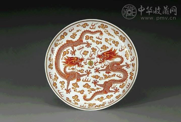 清光绪 矾红描金龙纹盘