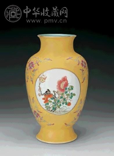 民国黄地轧道开光粉彩花鸟纹瓶收藏资讯|艺术家|书画家|书画名人|书法家