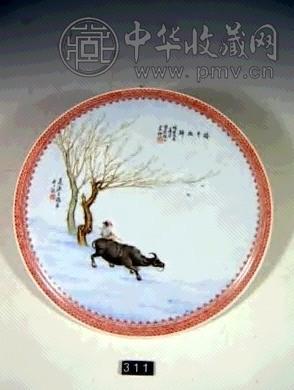 近代 粉彩牧牛图圆瓷板