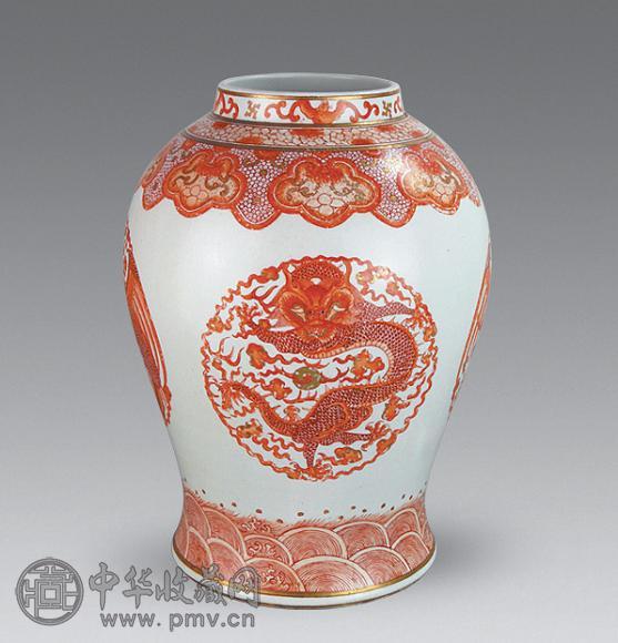 民国 矾红团龙纹将军罐