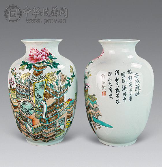 民国 粉彩博古纹灯笼瓶(1对)