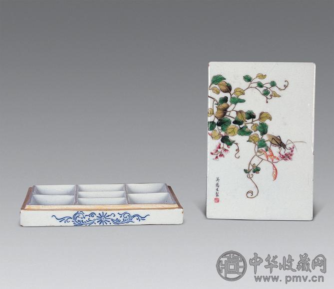 民国 吴蔼生绘粉彩花虫调色盒