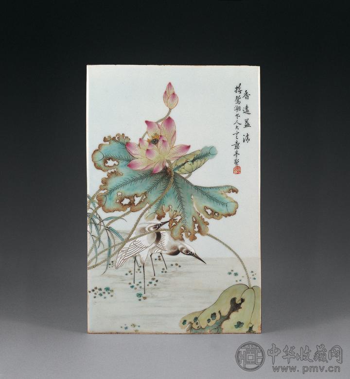 民国 程意亭绘粉彩香远益清图瓷板