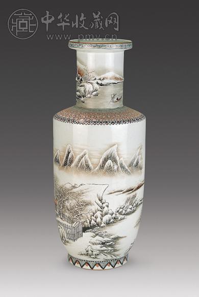 清朝粉彩山水人物文瓶 民国粉彩雪景山水人物纹瓶收藏