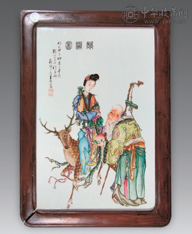 民国 粉彩双寿图纹瓷板