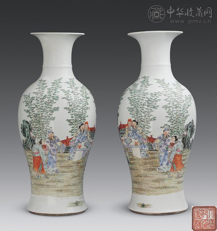 民国 粉彩竹林七贤观音瓶(1对)