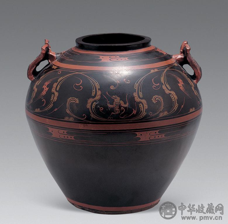 民国 黑釉漆器纹双兽耳陶罐
