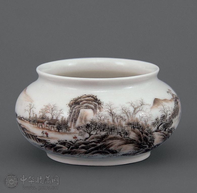 民国 墨加彩山水水盂