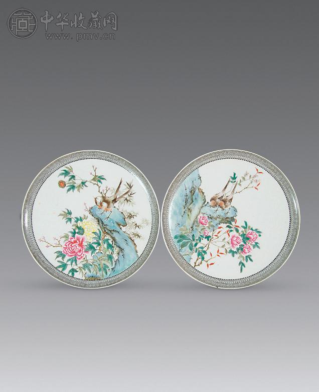 民国 粉彩花鸟纹盘(1对)
