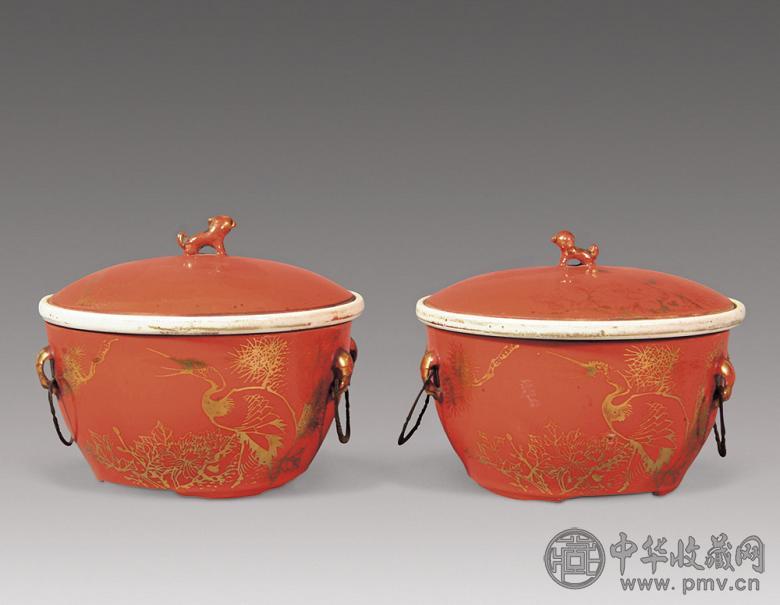 民国 珊瑚红地描金“富贵吉祥”温锅(1对)
