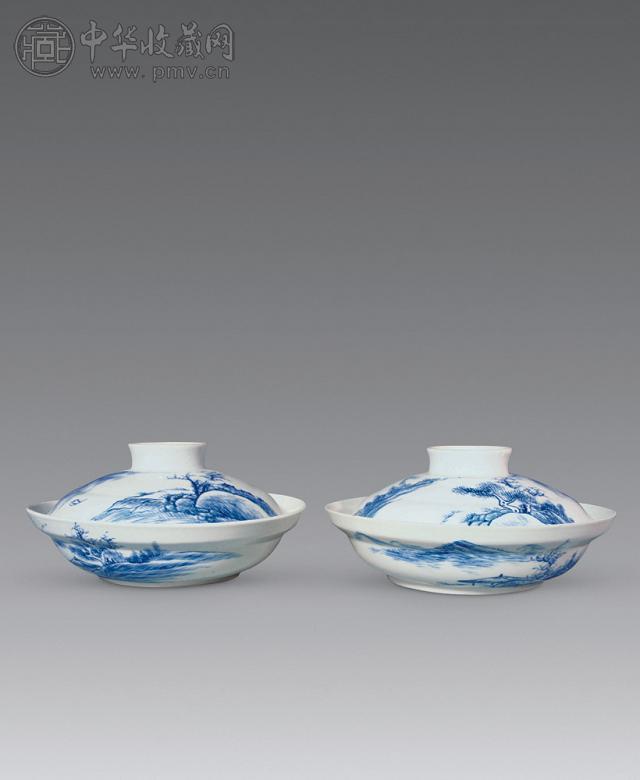 民国 蓝料彩山水纹盖碗(1对)