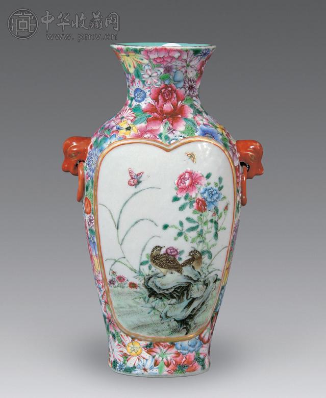 民国 百花不落地开光花鸟纹瓶