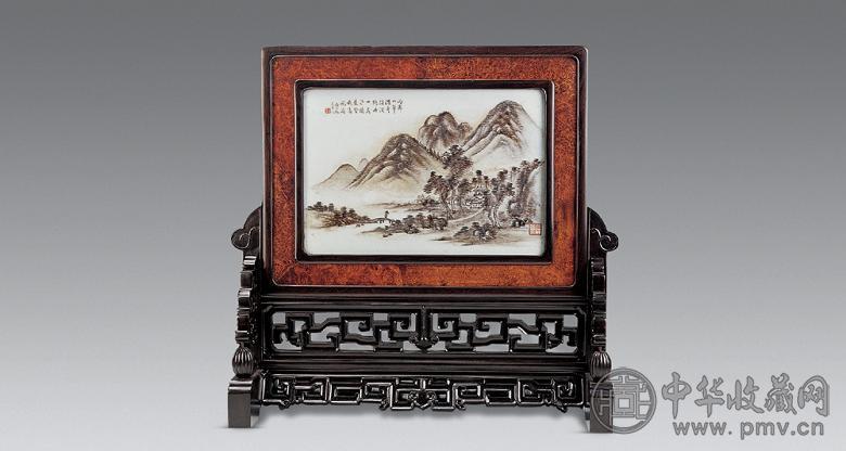 民国 程门墨彩山水瓷板插屏
