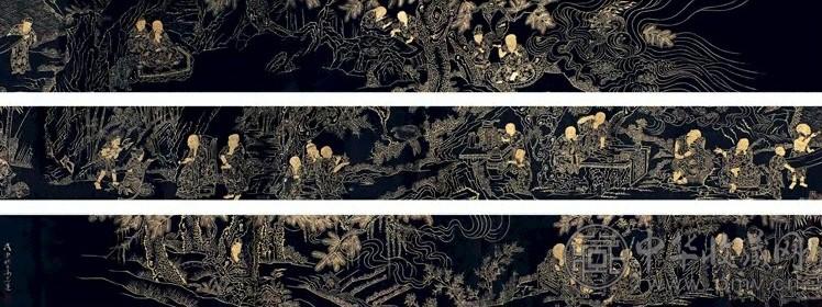 冯忠莲 罗汉图 手卷 蓝底描金