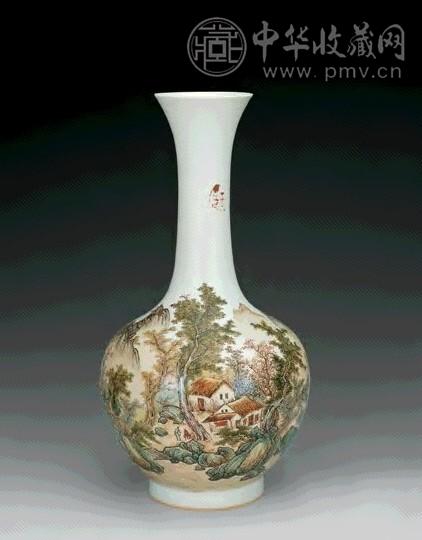 民国 张志汤制粉彩山水纹赏瓶