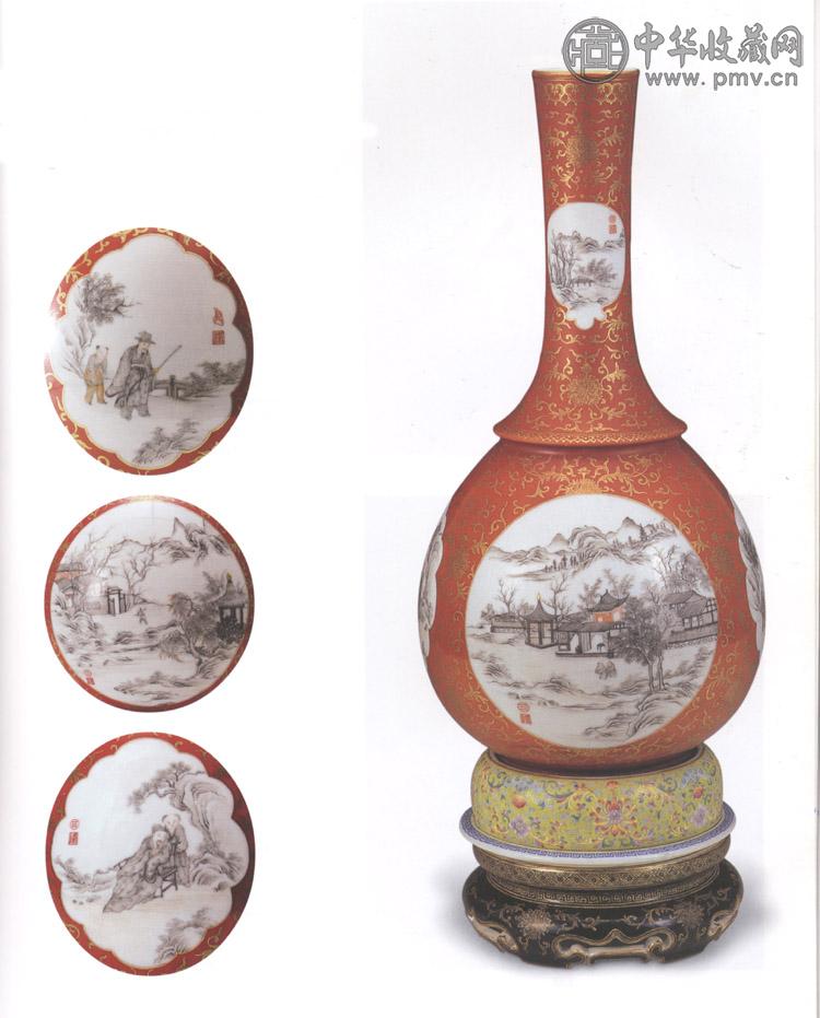 民国 珊瑚地描金开光墨彩山水人物转心瓶