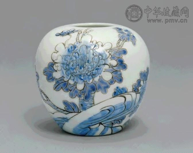 民国 蓝料釉凤凰牡丹纹水盂